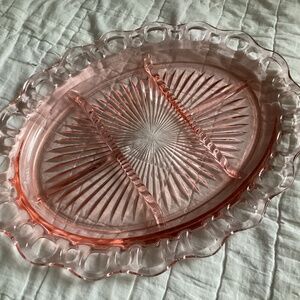 PINK DEPRESSION GLASS  FIVE COMPARTMENT OPEN LACE EDGE, RETICULATED OVAL DISH